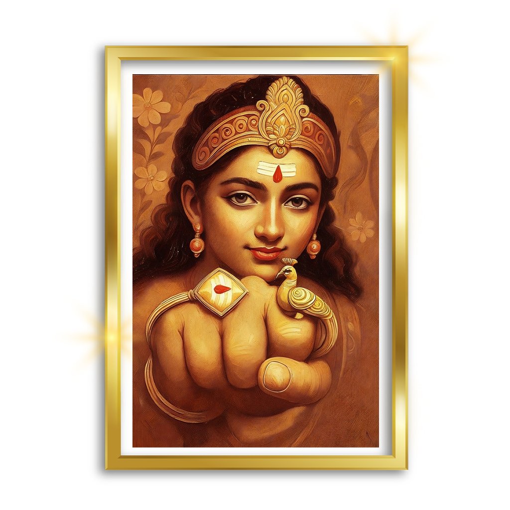 Divine Murugan God Oil Painting with Frame – A4 Size Religious Painting