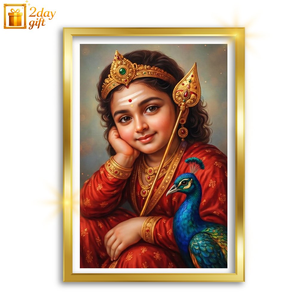 Tamil Murugan God Framed Oil Painting – Religious Wall Art A4 Size