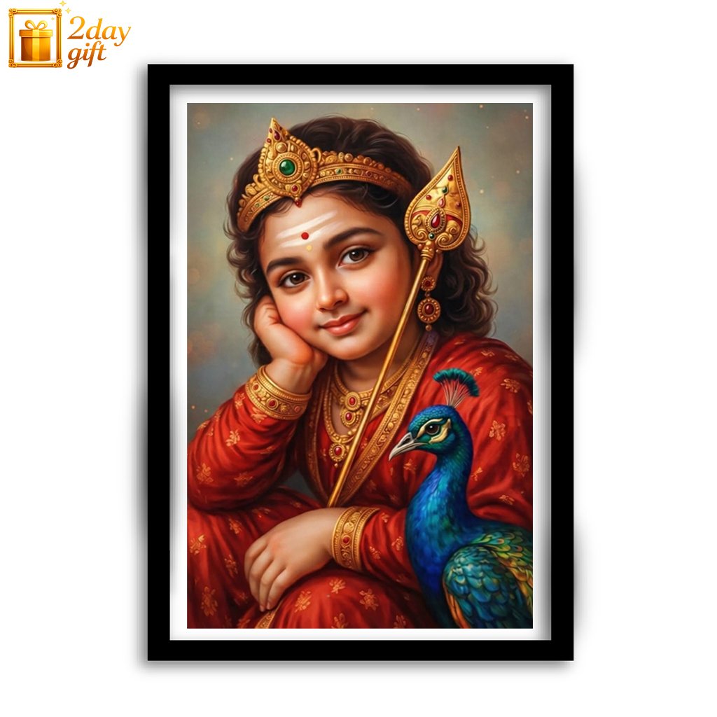 Tamil Murugan God Framed Oil Painting – Religious Wall Art A4 Size