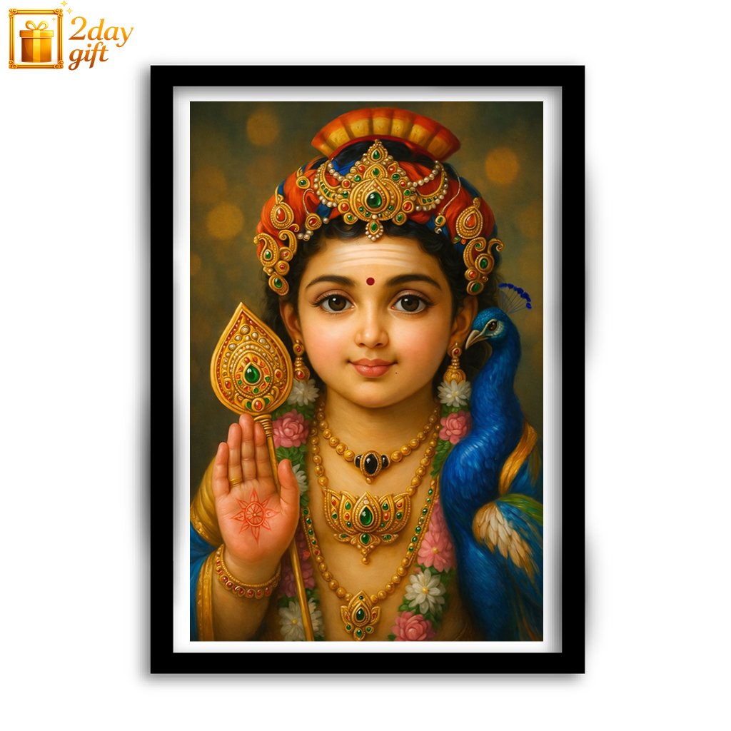 Hindu God Murugan Oil Painting – A4 Size Spiritual Wall Painting with Frame